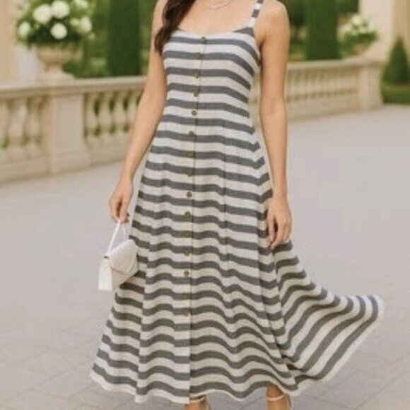 MAEVE ANTHROPOLOGIE | Linen Striped Button Front Maxi Dress Summer Coastal 12P - Picture 1 of 16